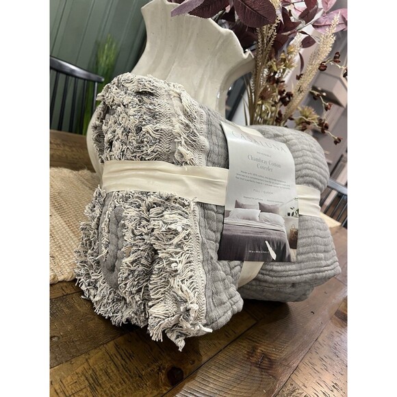 Full/Queen Reversible Textured Cotton Chambray Coverlet Dark Gray/White NEW - Picture 4 of 7